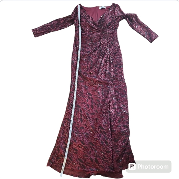 Mac Duggal Maxi Dress Ruched Embroidery Lace Sequin Faux Wrap Long Sleeves Gown - Picture 11 of 15